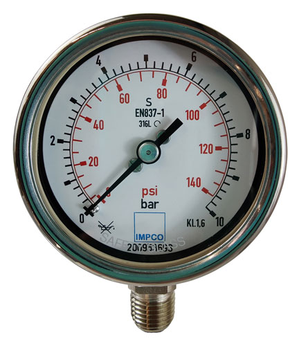 Rohrfeder-Manometer 63mm 0-10 bar 1/4" NPT unten