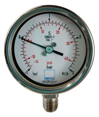 Rohrfeder-Manometer 63mm -1-0-3 bar 1/4" NPT unten