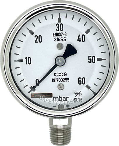 Rohrfeder-Manometer 63mm 0-60 mbar 1/4" NPT unten