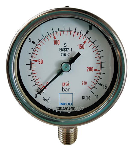 Rohrfeder-Manometer 63mm 0-16 bar 1/4" NPT unten