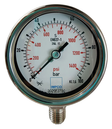 Rohrfeder-Manometer 63mm 0-100 bar 1/4" NPT unten