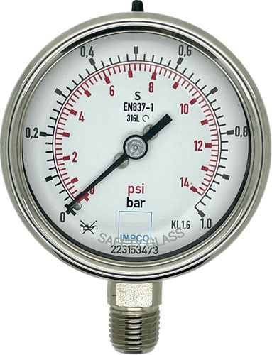 Rohrfeder-Manometer 63mm 0-1 bar 1/4" NPT unten